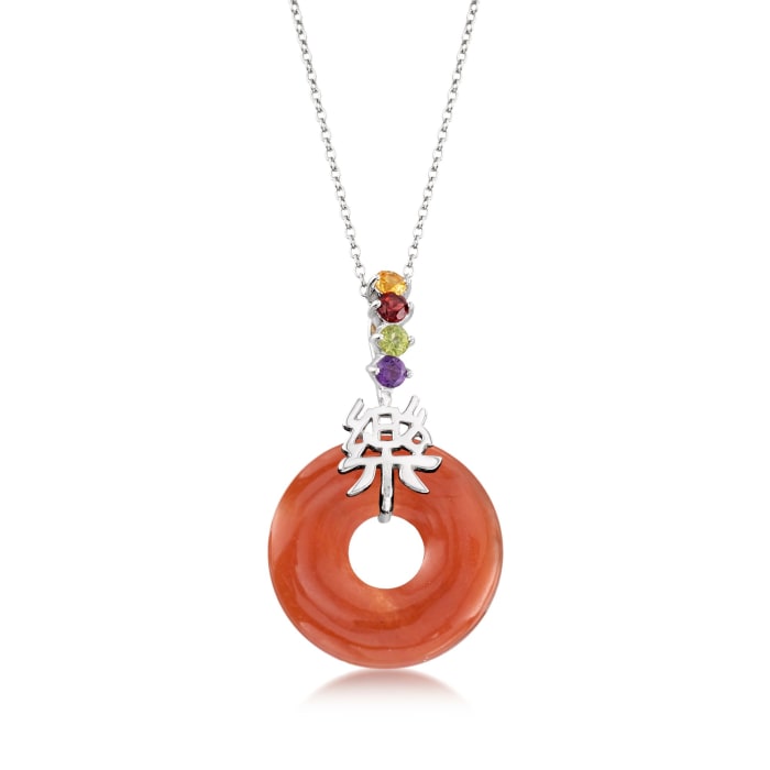 Red Jade and .36 ct. t.w. Multi-Stone &quot;Happy&quot; Chinese Symbol Pendant Necklace in Sterling Silver
