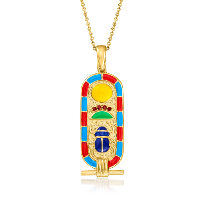 Multicolored Enamel &quot;Rise with the Sun&quot; Egyptian Symbol Pendant Necklace with Garnet Accents in 18kt Gold Over Sterling
