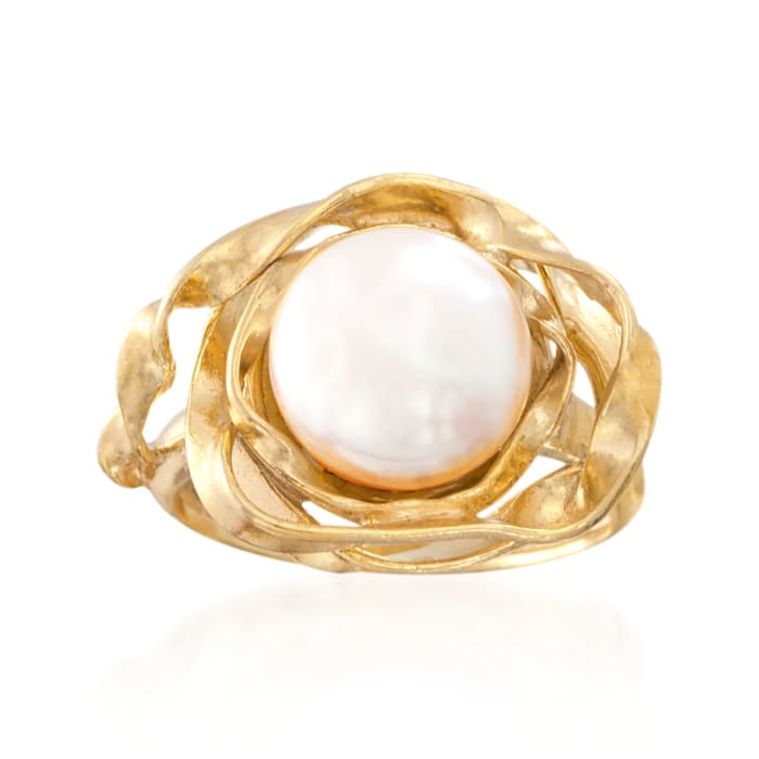 10mm Cultured Pearl Flower Ring in 18kt Yellow Gold Over Sterling Silver