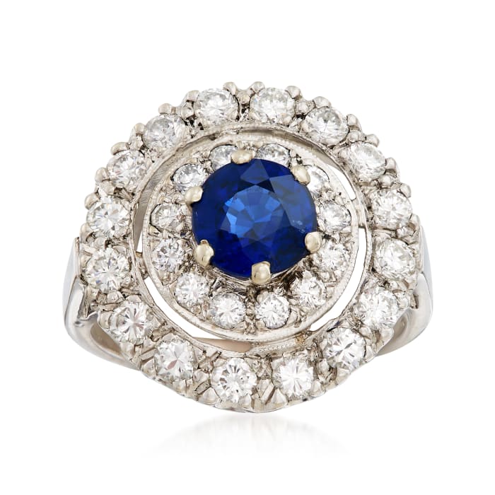C. 2000 Vintage .90 Carat Sapphire and .75 ct. t.w. Diamond Ring in 14kt White Gold