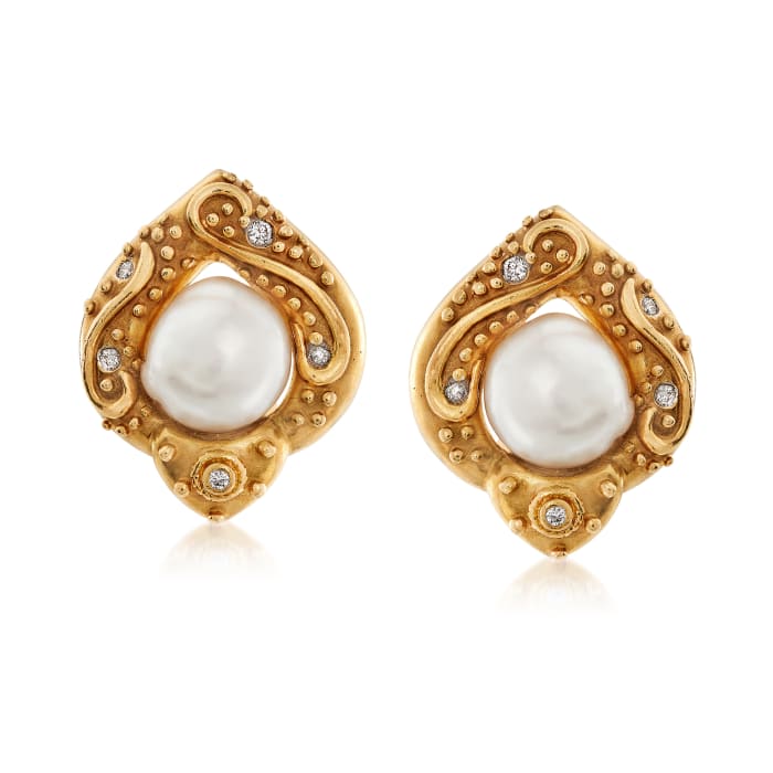 C. 1980 Vintage 13x12mm Cultured Baroque Pearl and .25 ct. t.w. Diamond Earrings in 18kt Yellow Gold