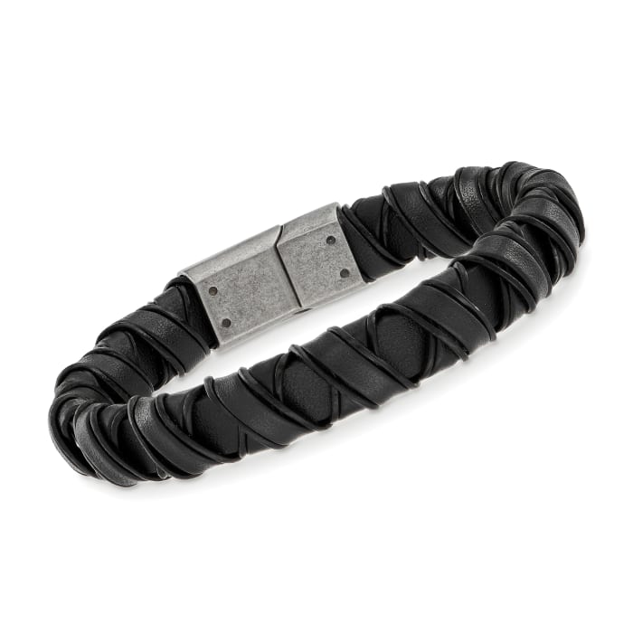 Men's Black Leather Bracelet with Sterling Silver Magnetic Clasp