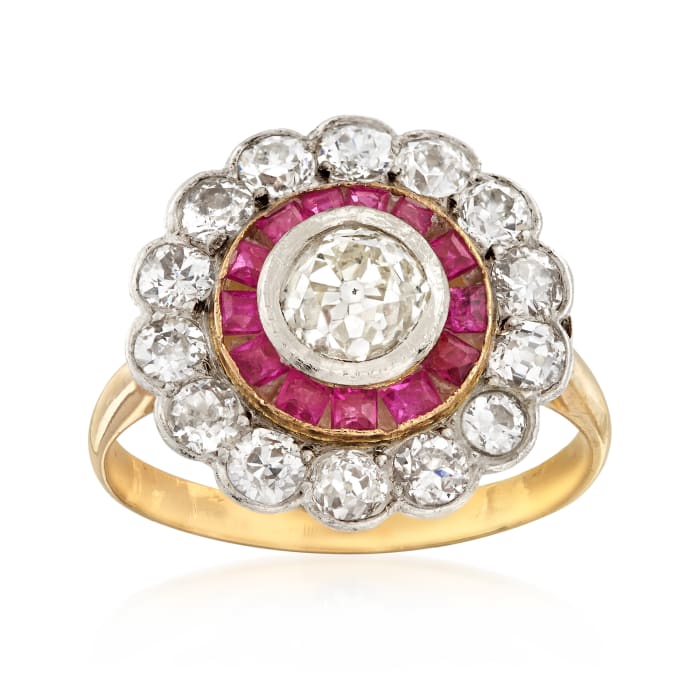C. 1950 Vintage 1.75 ct. t.w. Diamond and .65 ct. t.w. Ruby Ring in Sterling Silver and 14kt Yellow Gold