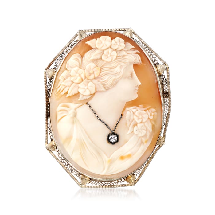 C. 1950 Vintage Oval Shell Cameo Pin Pendant with .10 Carat Diamond in 14kt White Gold