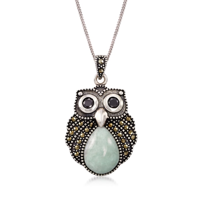 Jade and Marcasite Owl Pendant Necklace with Black Onyx in Sterling Silver