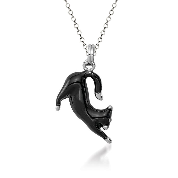 Sterling Silver and Black Enamel Stretching Cat Charm Necklace. 18&quot;