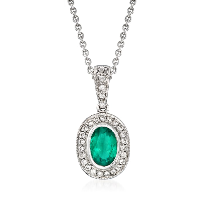 C. 1990 Vintage .70 Carat Emerald and .20 ct. t.w. Diamond Pendant Necklace in 14kt White Gold