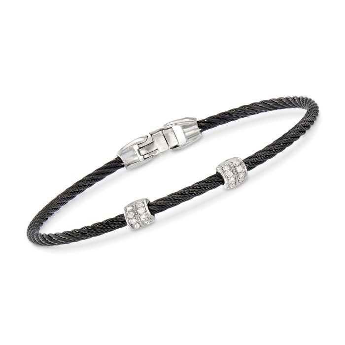 ALOR &quot;Classique&quot; Black Stainless Steel Cable Station Bracelet with .13 ct. t.w. Diamonds and 18kt White Gold