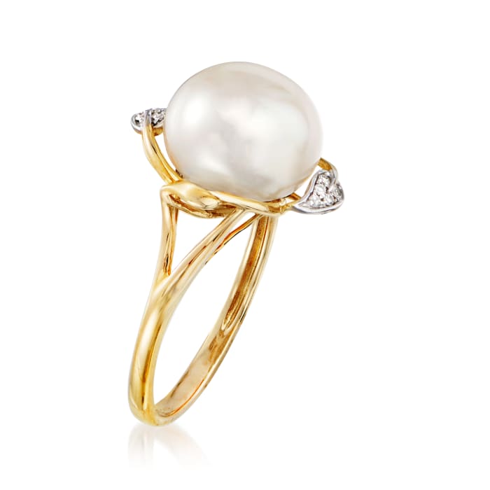 10-10.5mm Cultured Pearl Leaf Ring with Diamond Accents in 14kt Yellow ...