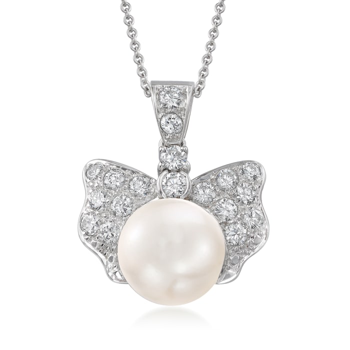 C. 1990 Vintage 12x10mm Cultured Pearl and 1.35 ct. t.w. Diamond Bow Pendant Necklace in 18kt White Gold
