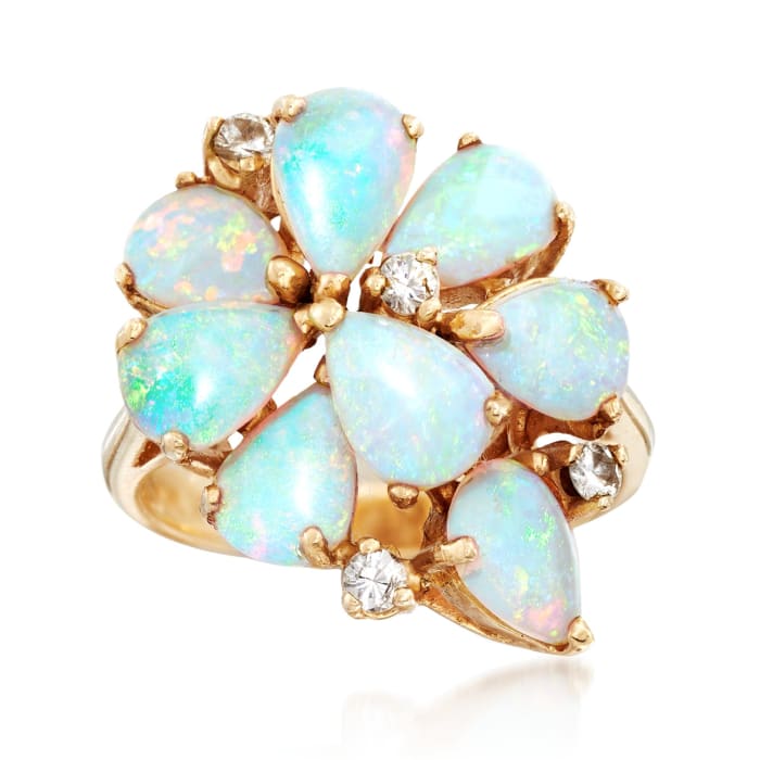 C. 1980 Vintage Opal and .20 ct. t.w. Diamond Cluster Ring in 14kt Yellow Gold