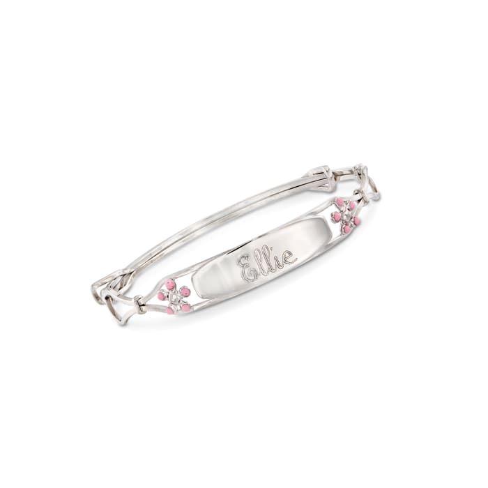 Child's Sterling Silver Personalized ID Bracelet with Pink Enamel Flowers