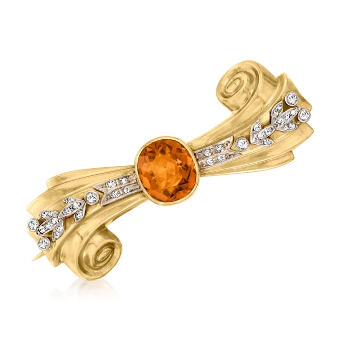 C. 1950 Vintage 3.50 Carat Citrine Scroll Pin with .45 ct. t.w. Diamonds in 14kt Yellow Gold