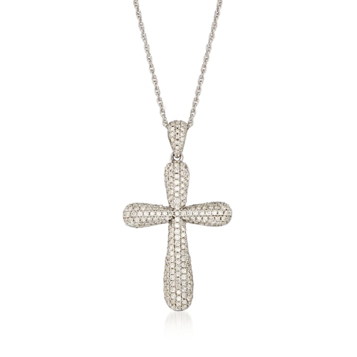 .98 ct. t.w. Pave Diamond Rounded Cross Pendant Necklace in 14kt White Gold
