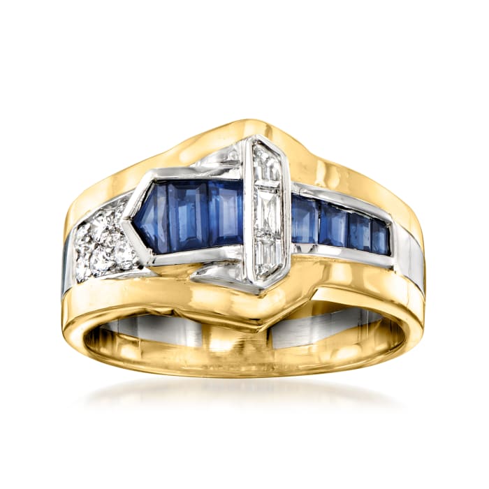 C. 1980 Vintage .75 ct. t.w. Sapphire and .30 ct. t.w. Diamond Buckle Ring in Platinum and 14kt Yellow Gold