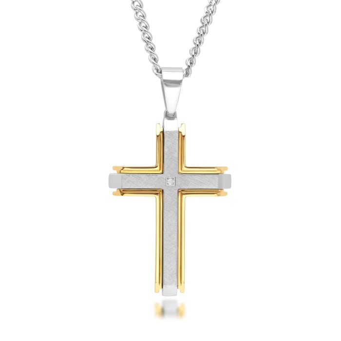 Men's Two-Tone Stainless Steel Cross Pendant Necklace with Diamond Accent