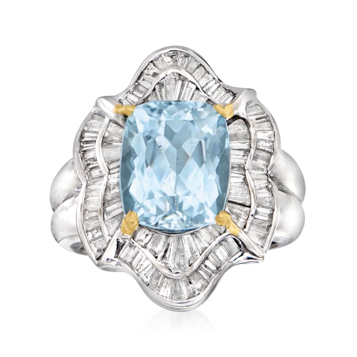 C. 1980 Vintage 6.85 Carat Swiss Blue Topaz and 1.35 ct. t.w. Diamond Cocktail Ring in 18kt White Gold