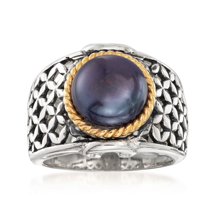 9.5-10mm Black Cultured Button Pearl Ring in Two-Tone Sterling Silver
