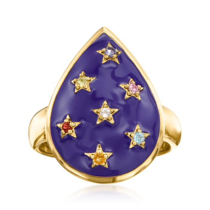 .19 ct. t.w. Multi-Gemstone and Purple Enamel Teardrop Star Ring in 18kt Gold Over Sterling