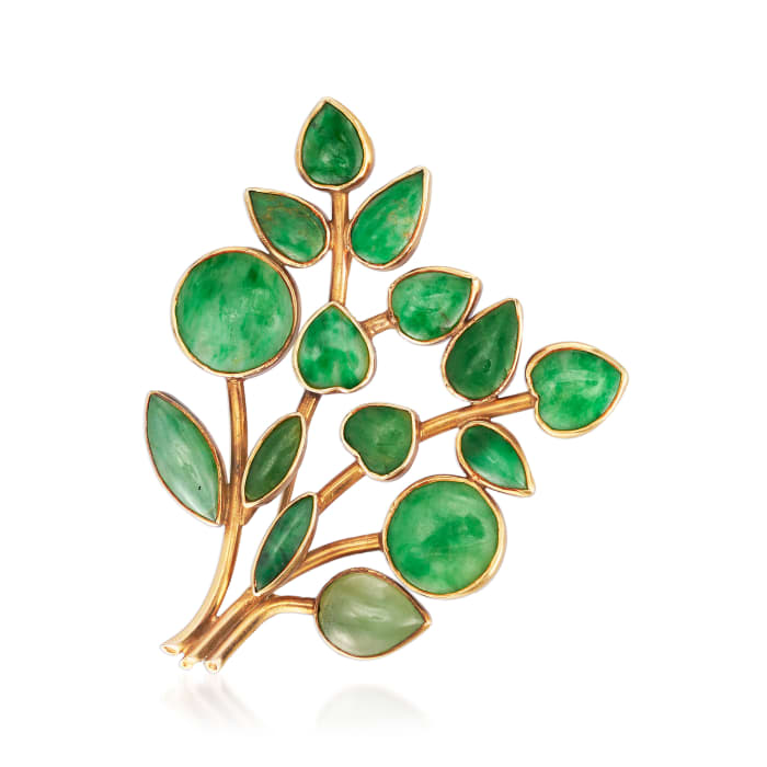 C. 1960 Vintage Jade Leaf Pin in 14kt Yellow Gold