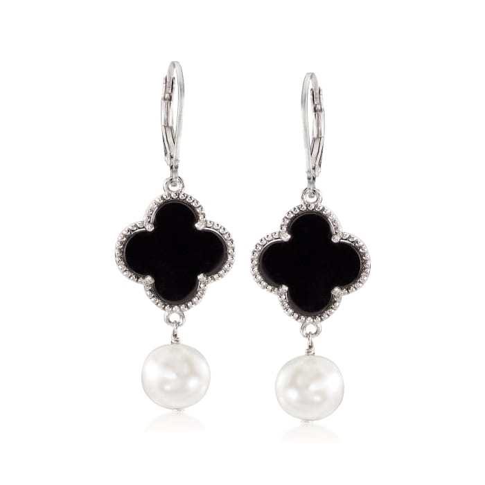 Black Onyx and Cultured Pearl Clover Drop Earrings in Sterling Silver