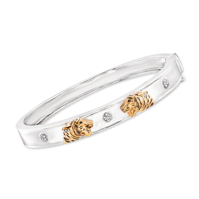 .10 ct. t.w. White and Black Diamond Tiger Bangle Bracelet in Two-Tone Sterling Silver