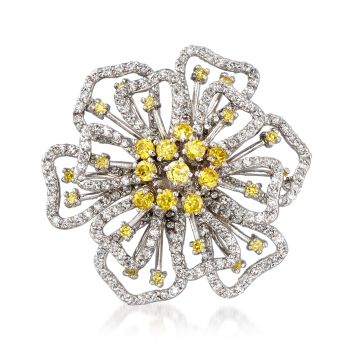 Yellow CZ and 6.00 ct. t.w. White CZ Flower Pin in Sterling Silver