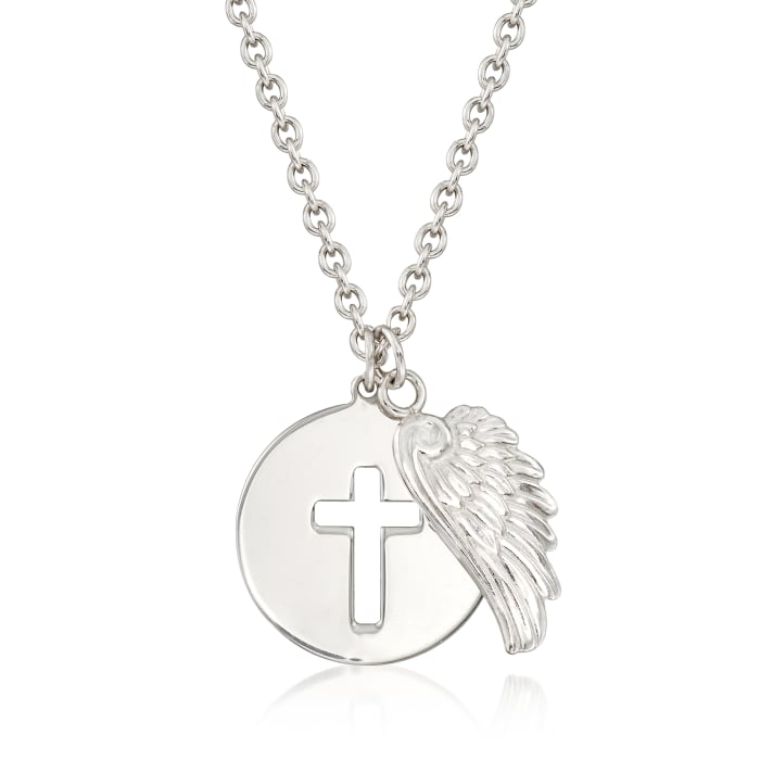 Italian Sterling Silver Cross and Angel Wing Necklace