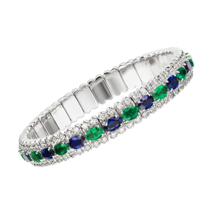 7.90 ct. t.w. Sapphire and 6.50 ct. t.w. Emerald Bangle Bracelet with 4.05 ct. t.w. Diamonds in 18kt White Gold