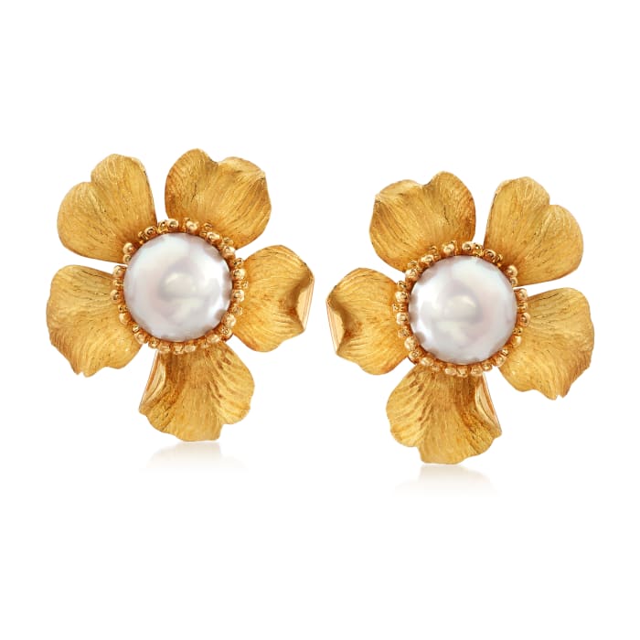C. 1980 Vintage Tiffany Jewelry 13mm Mabe Pearl Flower Earrings in 14kt Yellow Gold