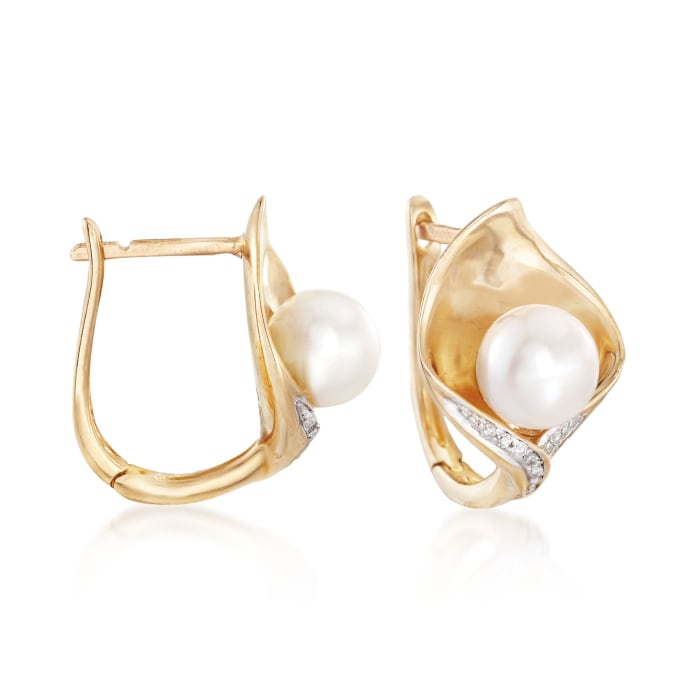 6-6.5mm Cultured Pearl Calla Lily Earrings with Diamond Accents in 14kt Yellow Gold