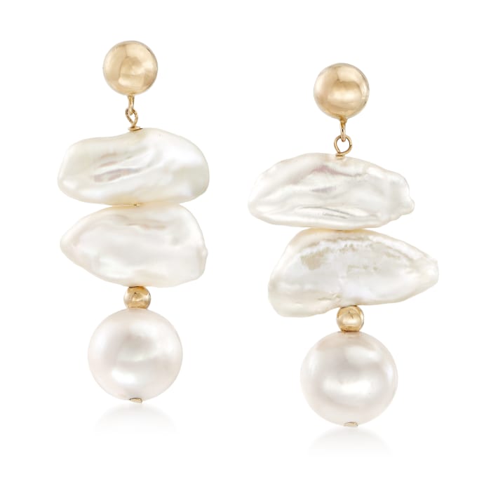 Cultured Baroque and Near-Round Pearl Drop Earrings in 14kt Yellow Gold ...