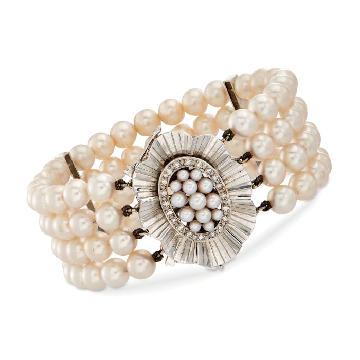 C. 1960 Vintage 2.5-3.5mm and 9.5mm Cultured Pearl and .65 ct. t.w. Diamond Bracelet in 18kt White Gold