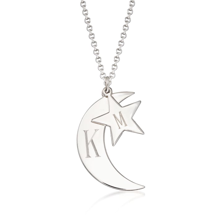 Personalized Crescent Moon and Star Double Pendant Necklace in Sterling Silver