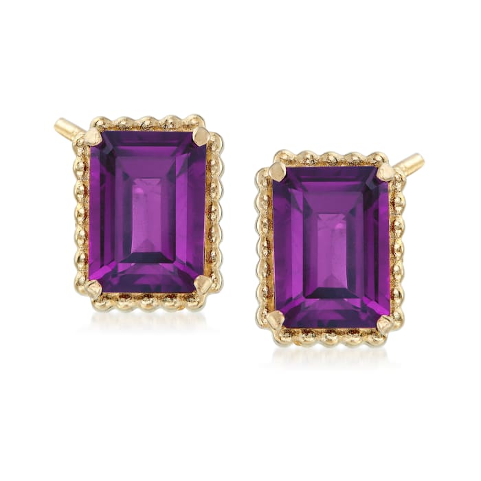2.90 ct. t.w. Amethyst and 14kt Yellow Gold Beaded Frame Earrings