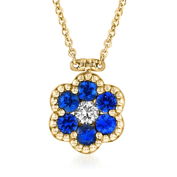 .20 Carat Diamond and .90 ct. t.w. Sapphire Flower Necklace in 14kt Yellow Gold