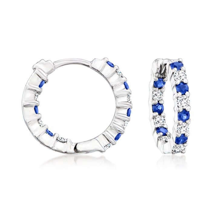 Roberto Coin &quot;Perfect Diamond Hoops&quot; .38 ct. t.w. Diamond and .30 ct. t.w. Sapphire Huggie Hoop Earrings in 18kt White Gold