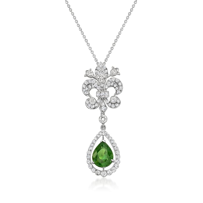 C. 2000 Vintage 2.95 Carat Green Tourmaline and 1.00 ct. t.w. Diamond Fleur-De-Lis Pendant Necklace in 14kt and 18kt White Gold