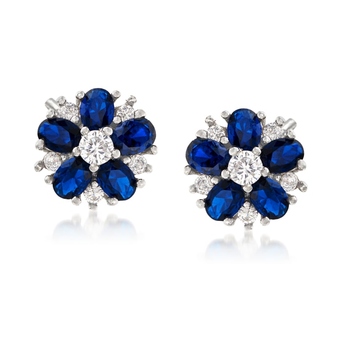 2.50 ct. t.w. Blue Spinel and .40 ct. t.w. CZ Flower Earrings in Sterling Silver