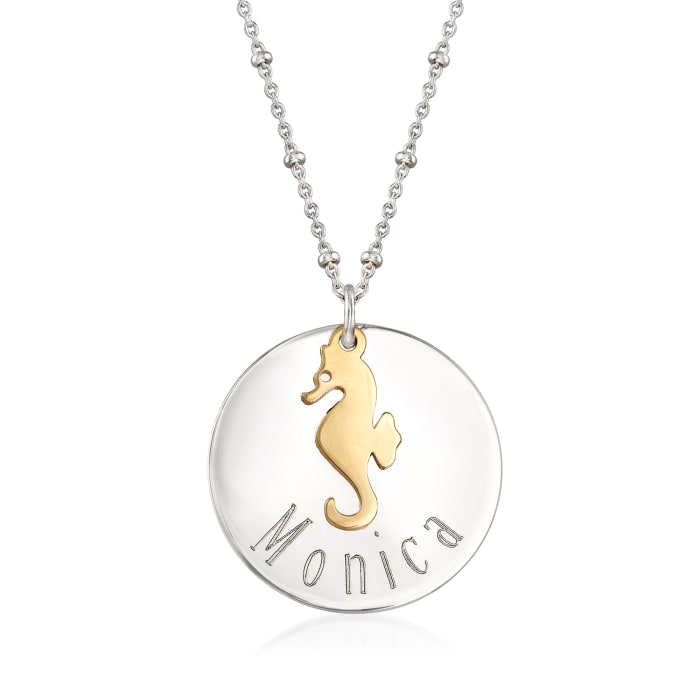 Sterling Silver Personalized Disc Necklace with 14kt Yellow Gold Seahorse Charm