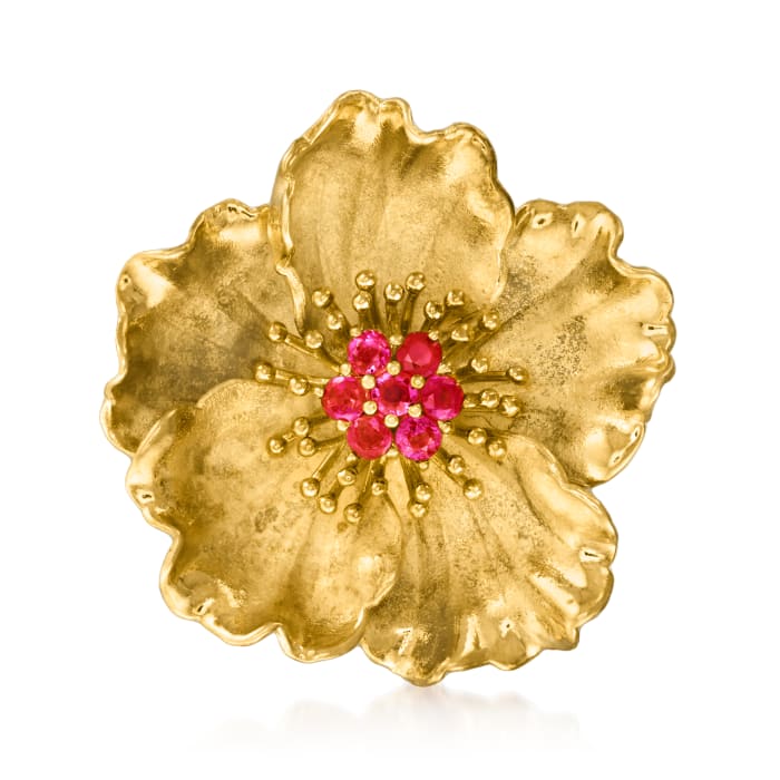 C. 1980 Vintage 1.00 ct. t.w. Ruby Flower Pin in Brushed and Polished 18kt Yellow Gold