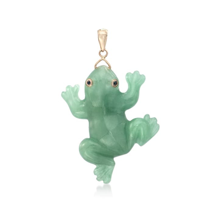 Carved Green Jade Frog Pendant in 14kt Yellow Gold