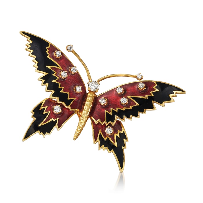C. 1960 Vintage Enamel Butterfly Pin with .60 ct. t.w. Diamonds in 18kt Yellow Gold