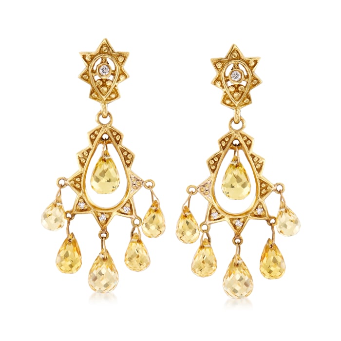 C. 1990 Vintage 6.40 ct. t.w. Citrine and .12 ct. t.w. Diamond Chandelier Earrings in 18kt Yellow Gold