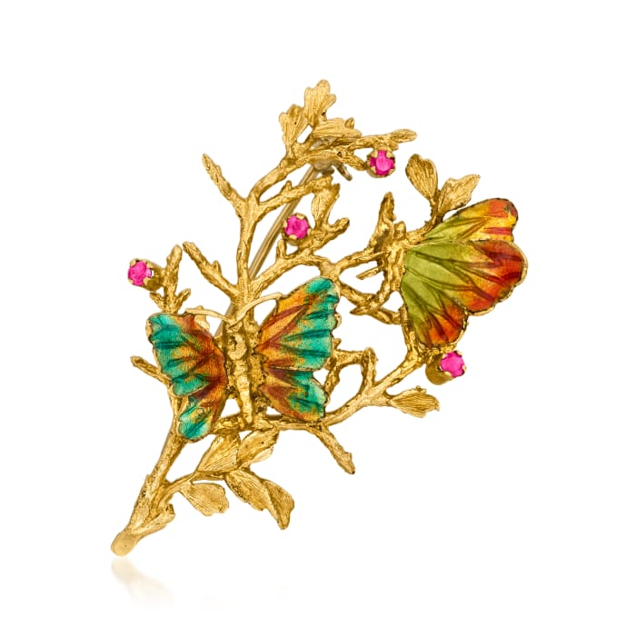 C. 1960 Vintage Multicolored Enamel and .25 ct. t.w. Ruby Butterflies on Branch Pin in 18kt Yellow Gold