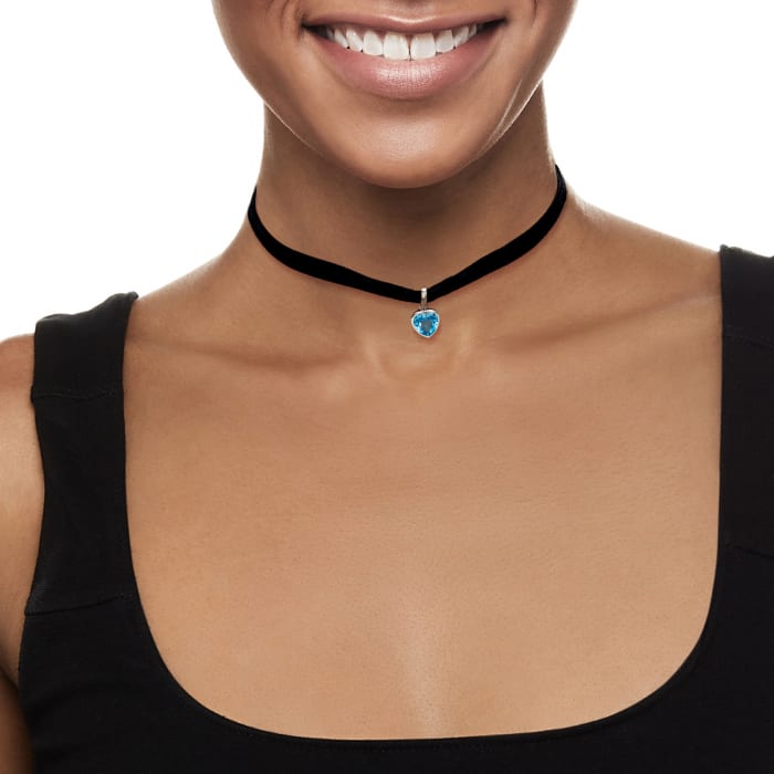 2.00 Carat Swiss Blue Topaz Heart Choker Necklace with Sterling Silver and Black Velvet Cord 13-inch
