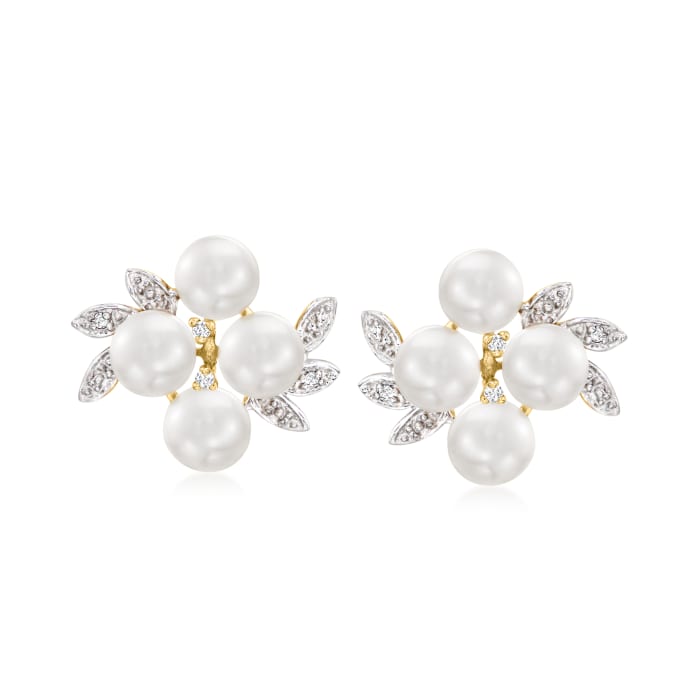 5.5-6mm Cultured Pearl Cluster Earrings with Diamond Accents in 14kt ...