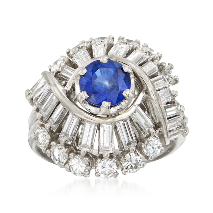 C. 1970 Vintage .95 Carat Sapphire and 2.25 Multi-Cut Diamond Ring in Platinum