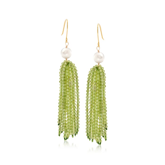 Cultured Pearl and 30.00 ct. t.w. Peridot Tassel Drop Earrings in 18kt Gold Over Sterling