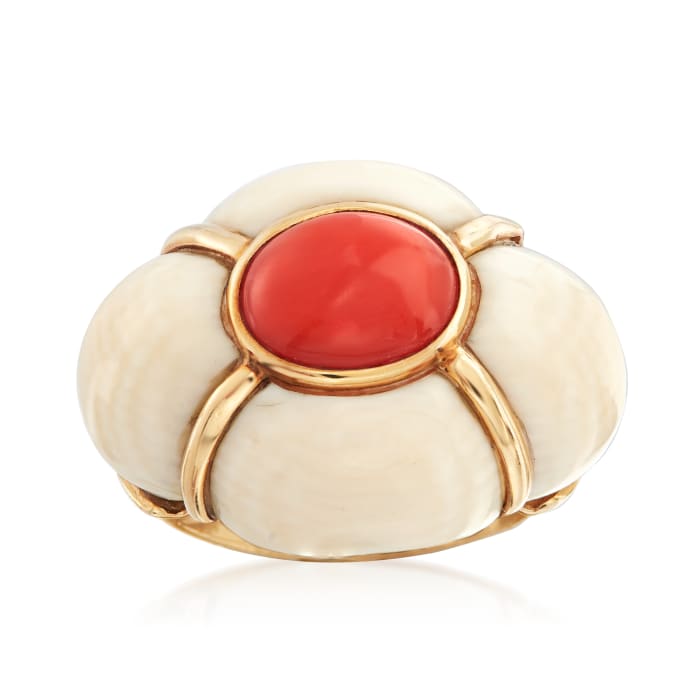 C. 1950 Vintage Pink Coral and Bone Ring in 14kt Yellow Gold